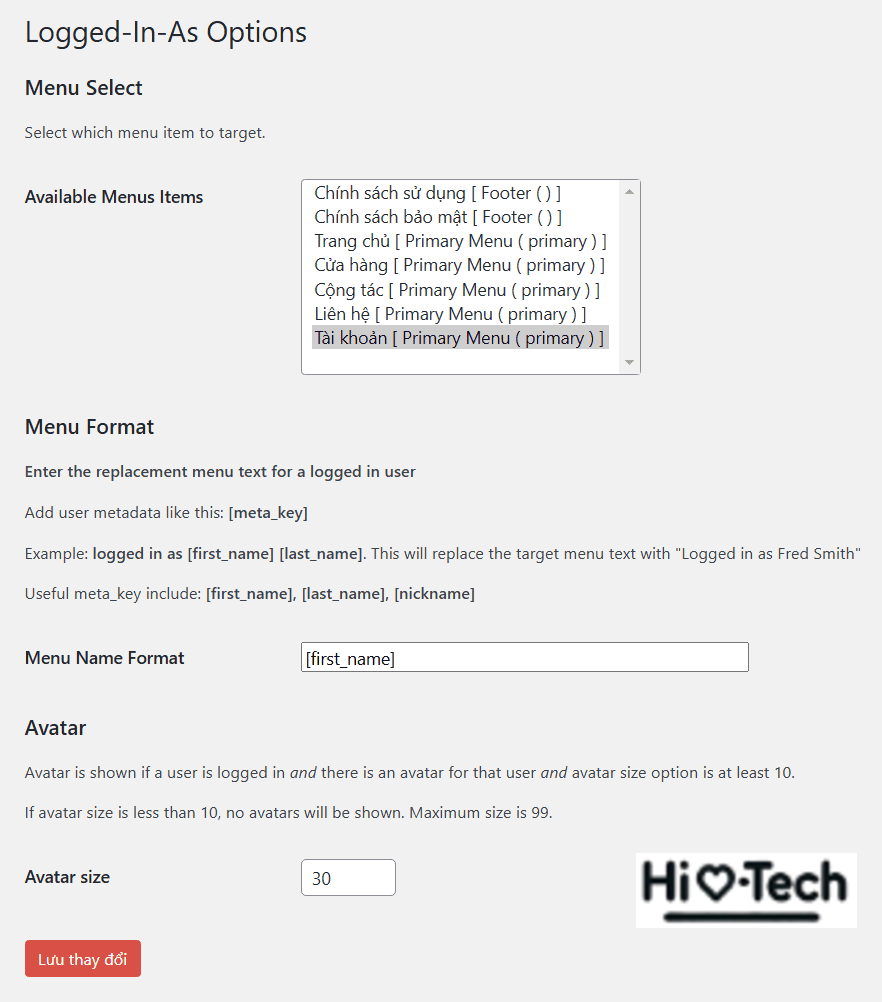 Hiển thị tên người dùng và avatar trên menu WordPress